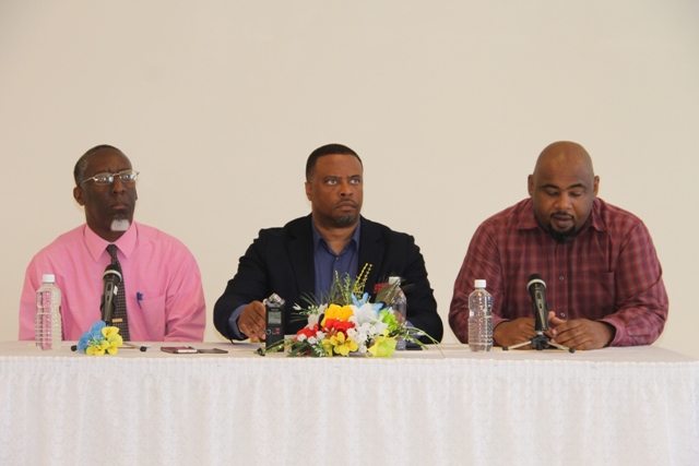(L-r) Mr. Antonio Abonaty Liburd, the Culturama Secretariat Executive Director and Chairman for Culturama 43, Hon. Mark Brantley, Deputy Premier of Nevis and Minister of Culture and Marketing and Public Relations Committee Chairman Huey Sargeant at the Culturama Secretariat’s press conference at the Social Security conference room at Pinney’s Estate on April 12, 2017